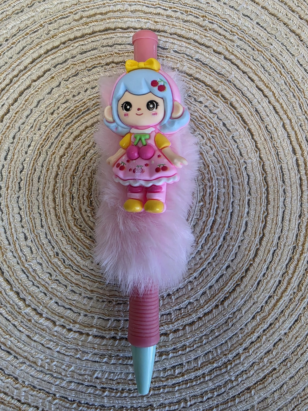Cute Pink Fuzzy Doll Pen for Kids - Blue-Haired Character